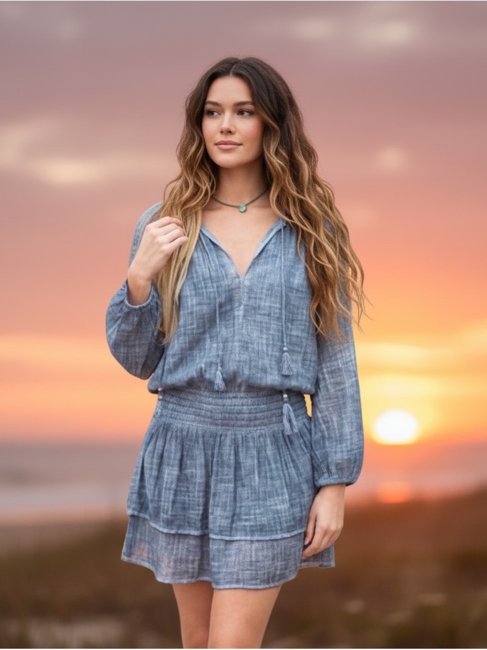 NATURAL LIFE Boho Hippie Denim Blue Chambray Long Sleeve Mini Dress Size Small